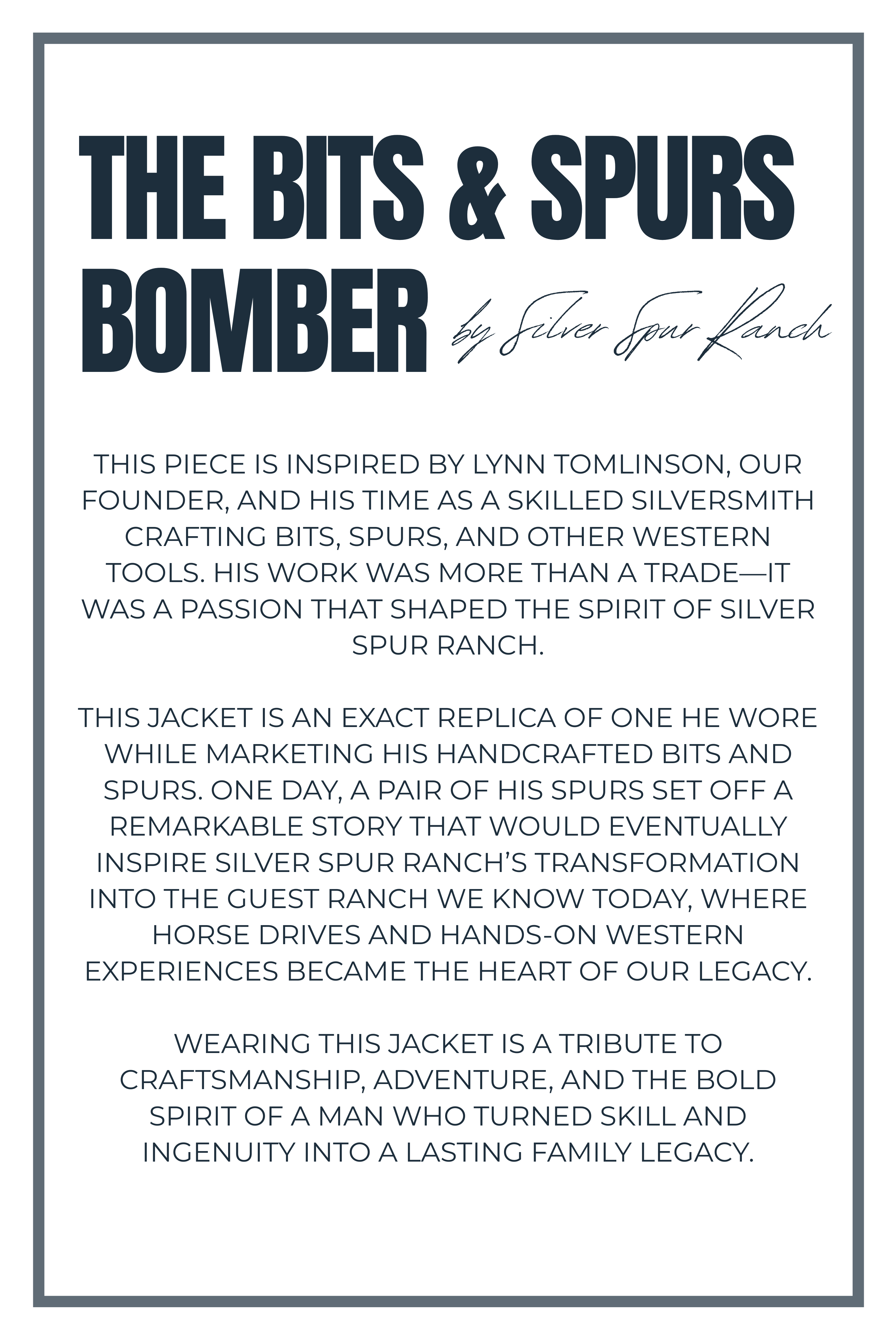 Text description of a jacket inspired by Lynn Tomlinson, founder of Silver Spur Ranch, with details about the jacket's design and inspiration.