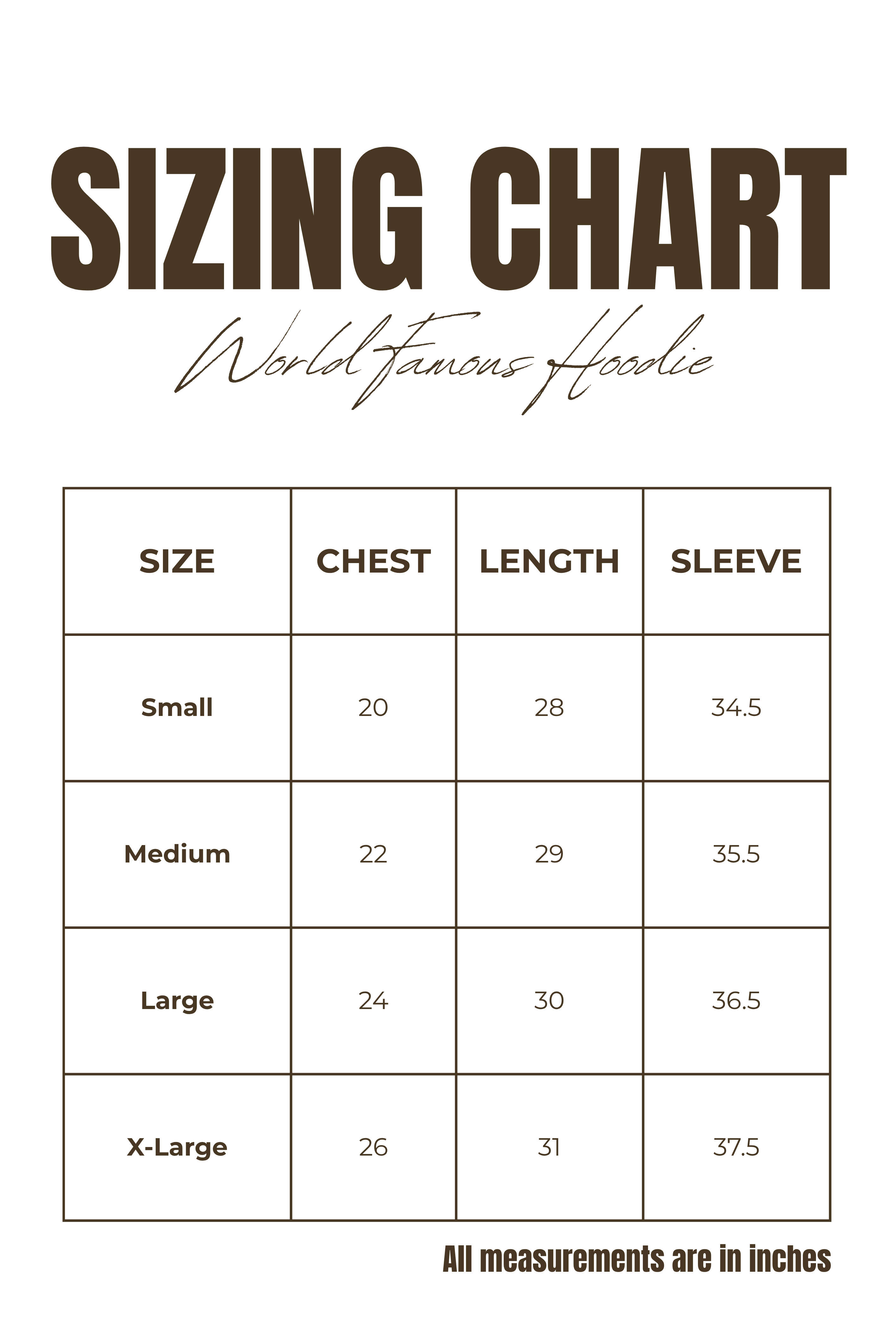 Sizing chart for World Famous Hoodie with measurements in inches.