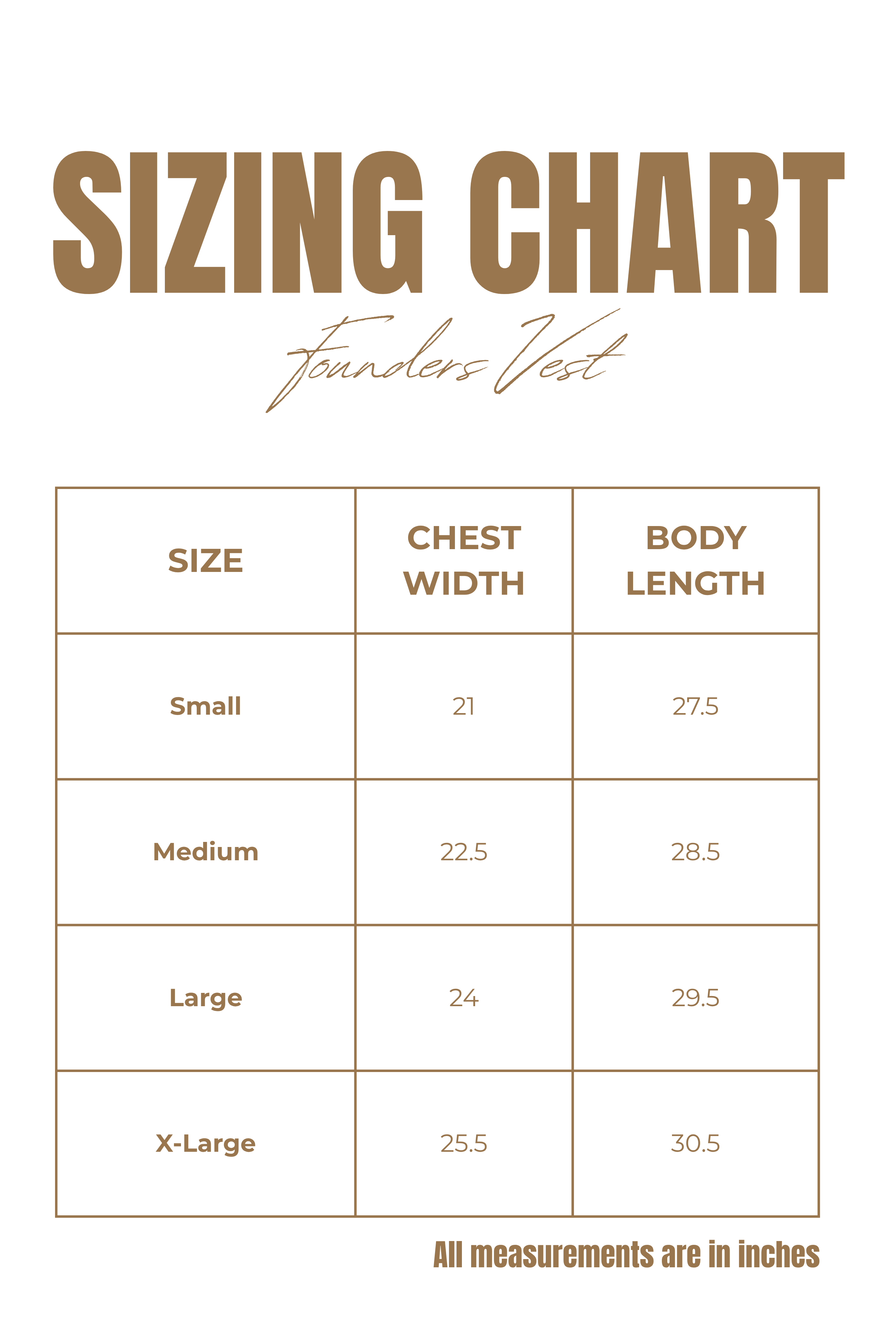 Sizing chart for a vest with measurements in inches.