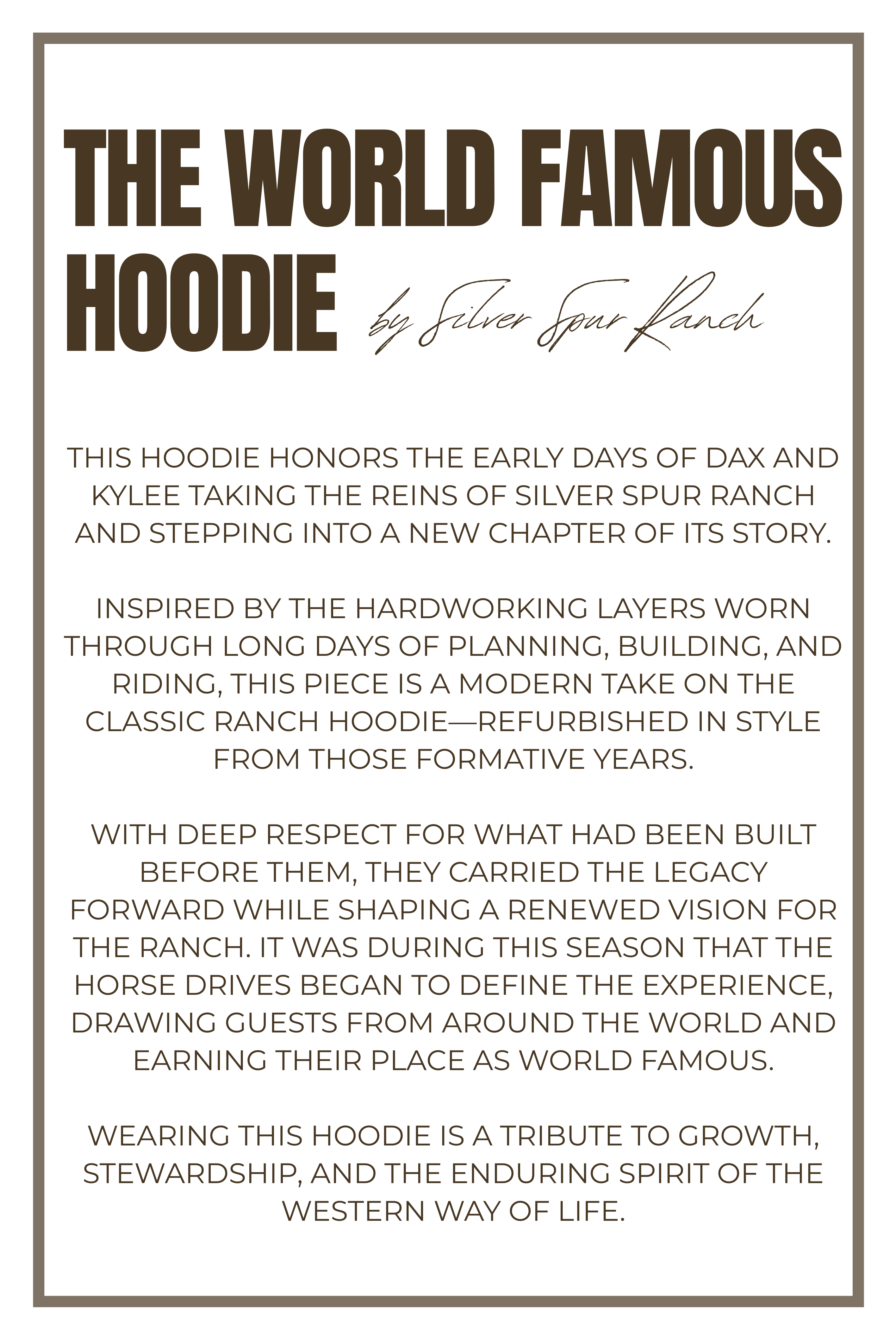 Text description of a hoodie with branding and narrative on a white background